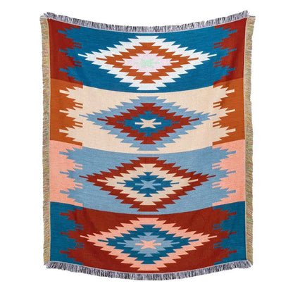 American country plaid tan & blue blanket sofa cover living room