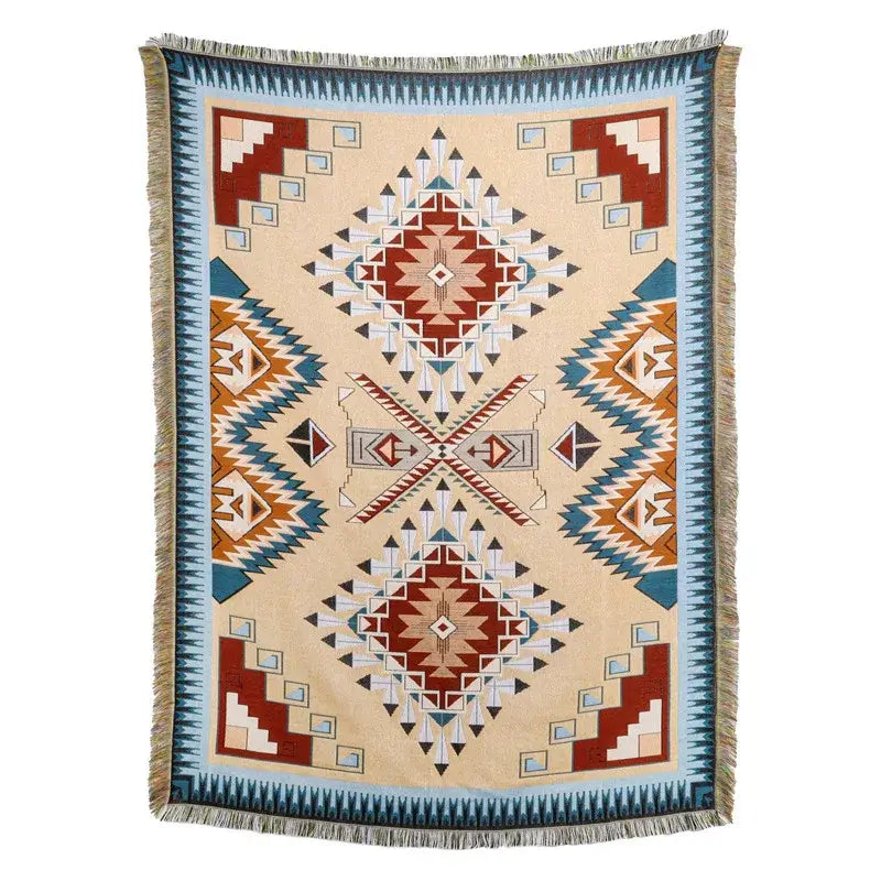 American country plaid tan & blue blanket sofa cover living room