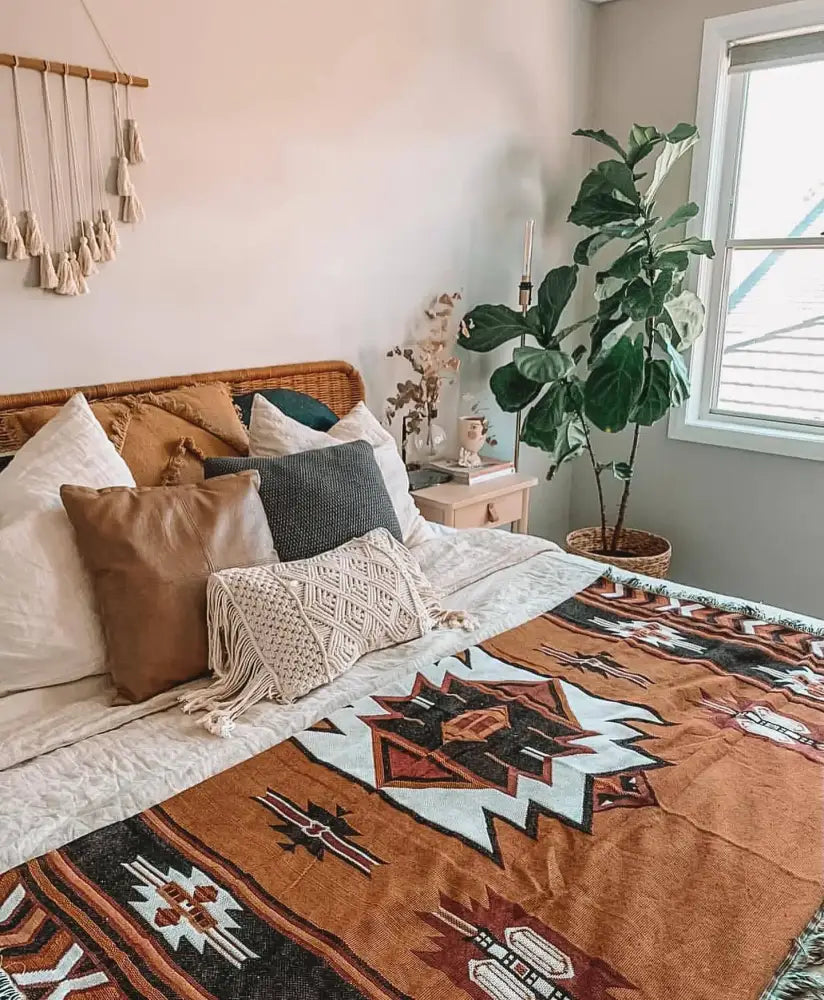 American country plaid tan & blue blanket sofa cover living room