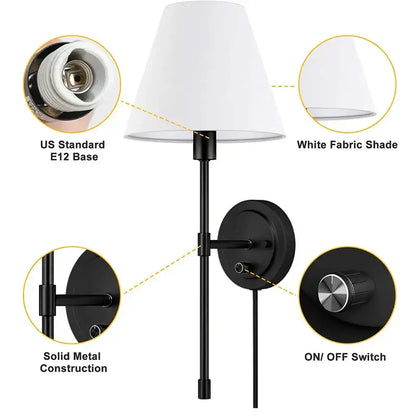 American fabric wall lamp black iron sconce for bedroom