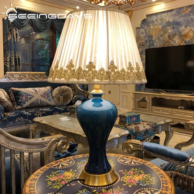 American luxury ceramic table lamp blue & gold bedroom light