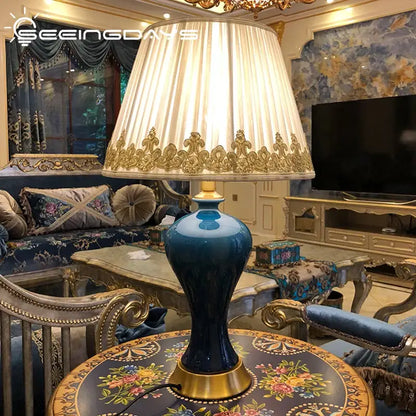 American luxury ceramic table lamp blue & gold bedroom light
