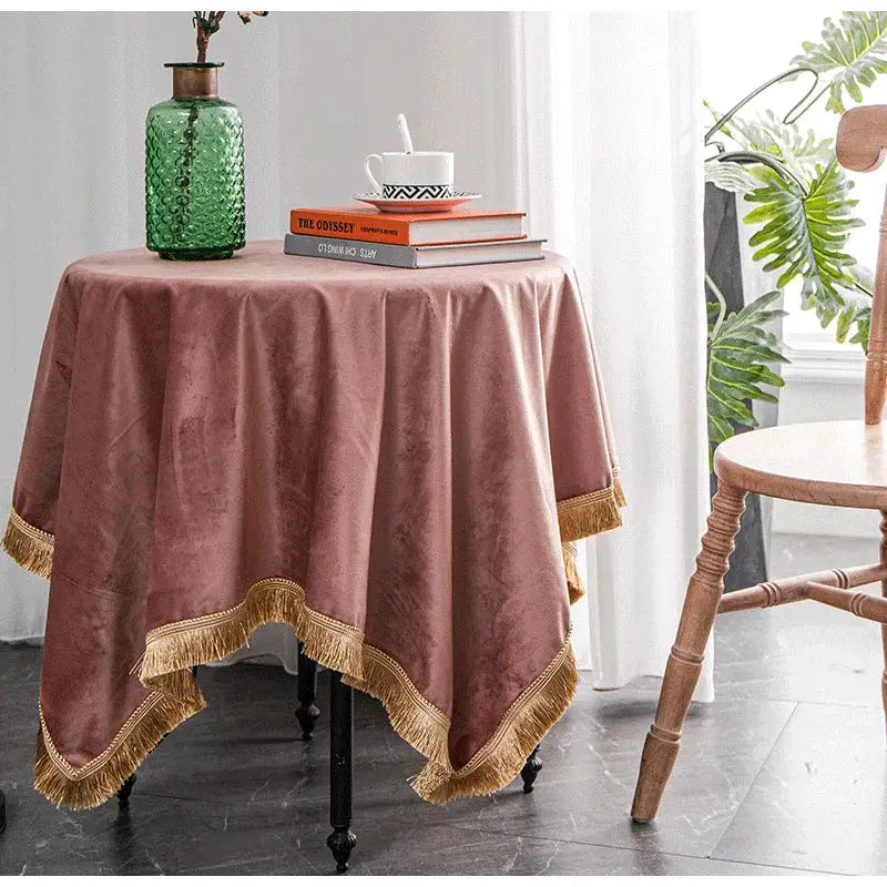 American retro gold velvet table cloth dining room fringed decor