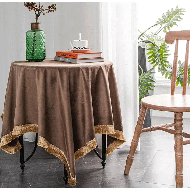 American retro gold velvet table cloth dining room fringed decor