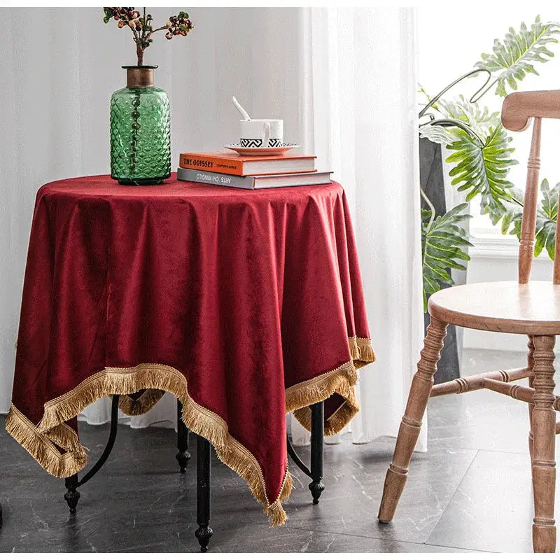 American retro gold velvet table cloth dining room fringed decor