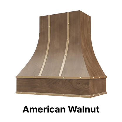 Wood Range Hood With Curved Front, Brass Strapping and Buttons - 30", 36", 42", 48", 54" and 60" Widths Available