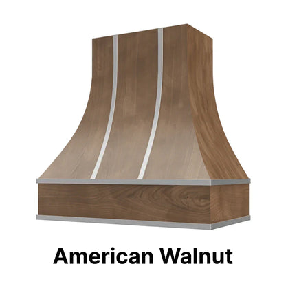Wood Range Hood With Curved Front, Silver Strapping and Block Trim - 30", 36", 42", 48", 54" and 60" Widths Available