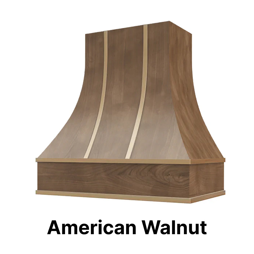 Wood Range Hood With Curved Front and Brass Strapping and Flat Trim - 30" 36" 42" 48" 54" and 60" Widths Available