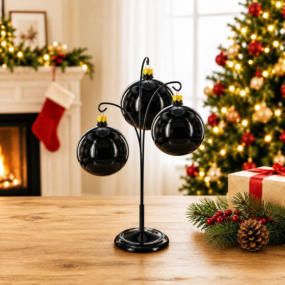 3-Arm Botanical Style Black Painted Metal Ornament Display Stand 12 Inches (Poland)