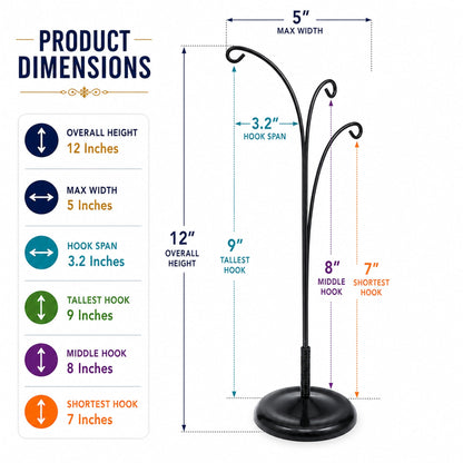 3-Arm Botanical Style Black Painted Metal Ornament Display Stand 12 Inches (Poland)