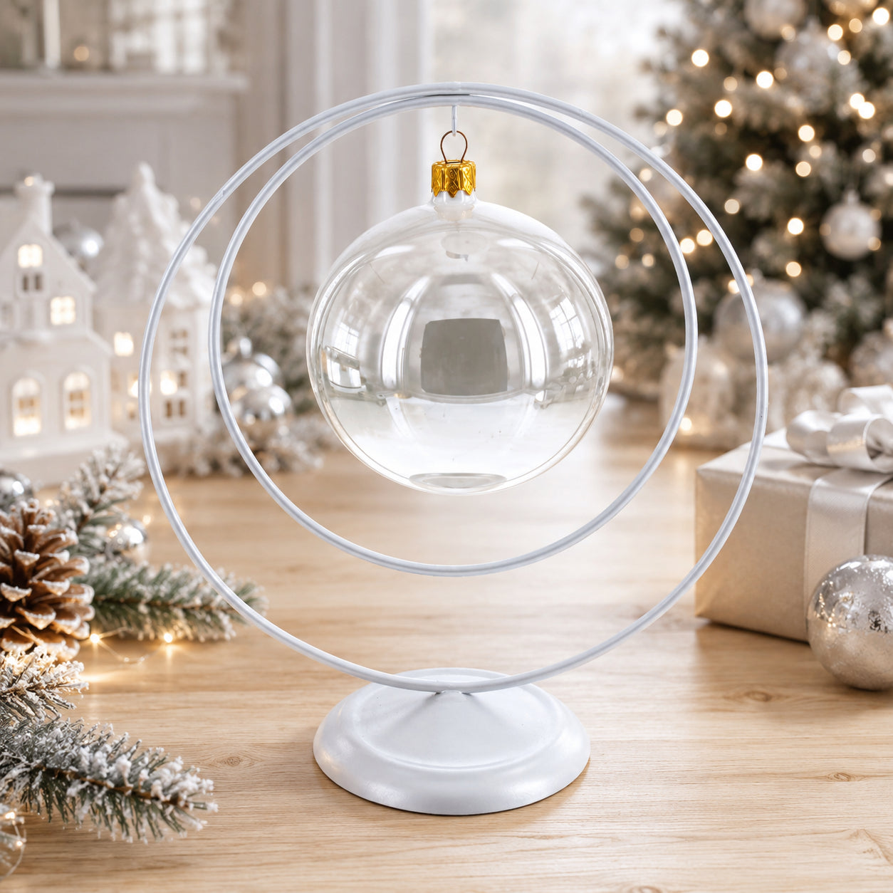 Contemporary Double Circle White Painted Metal Ornament Display Stand 8.2 Inches (Poland)