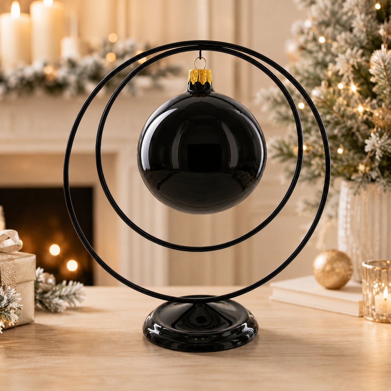 Contemporary Double Circle Black Painted Metal Ornament Display Stand 8.2 Inches (Poland)