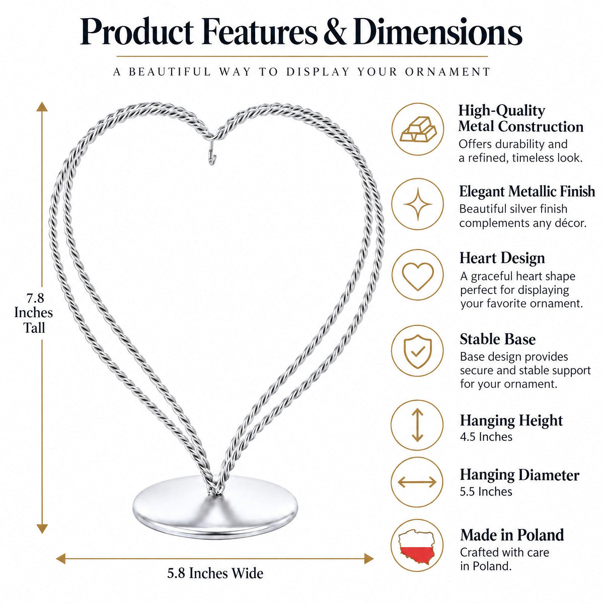 Double Wire Heart Twisted Silver Metal Ornament Display Stand 7.8 Inches (Poland)