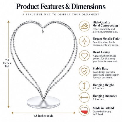 Double Wire Heart Twisted Silver Metal Ornament Display Stand 7.8 Inches (Poland)