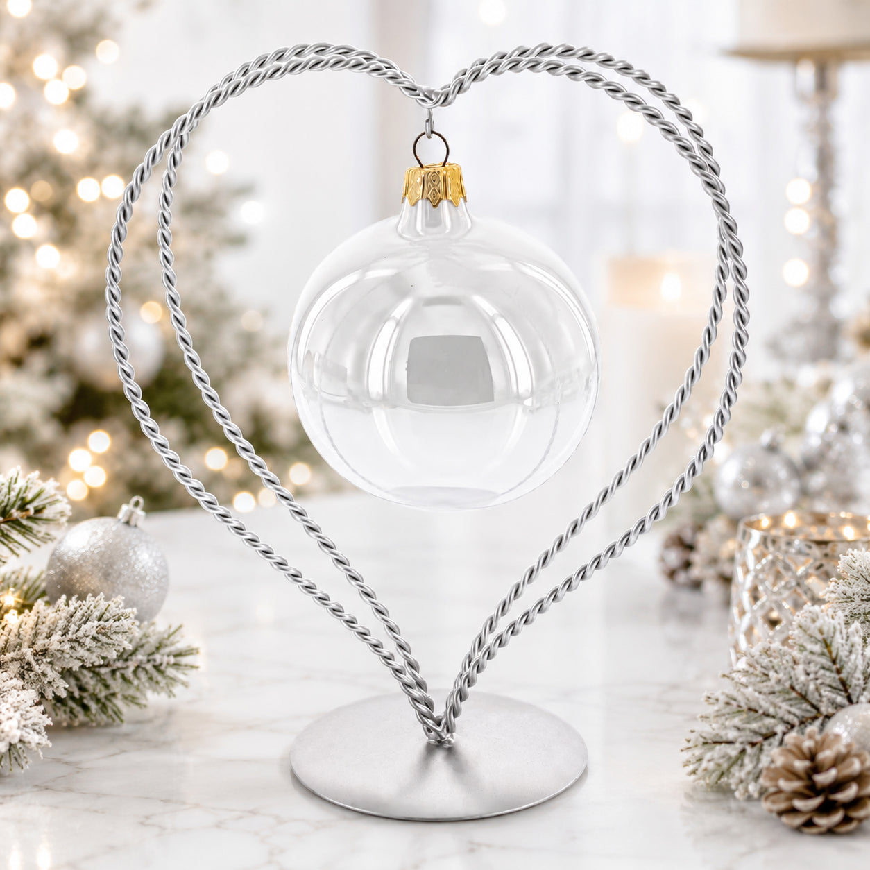 Double Wire Heart Twisted Silver Metal Ornament Display Stand 7.8 Inches (Poland)