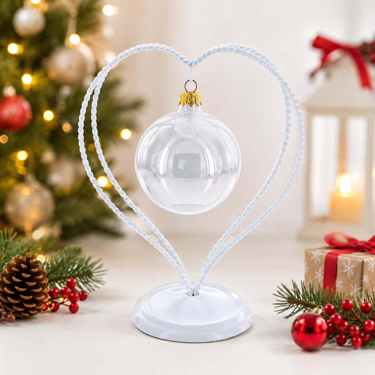 Double Wire Heart Twisted White Paint Metal Ornament Display Stand 7.8 Inches (Poland)