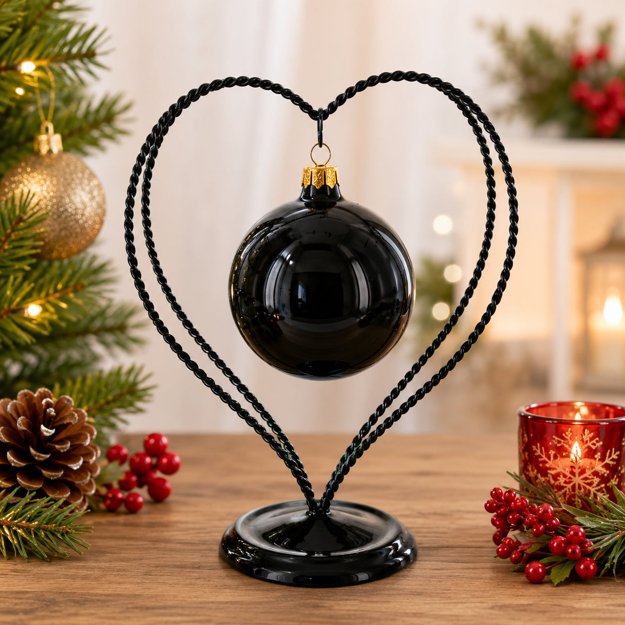 Double Wire Heart Twisted Black Paint Metal Ornament Display Stand 7.8 Inches (Poland)