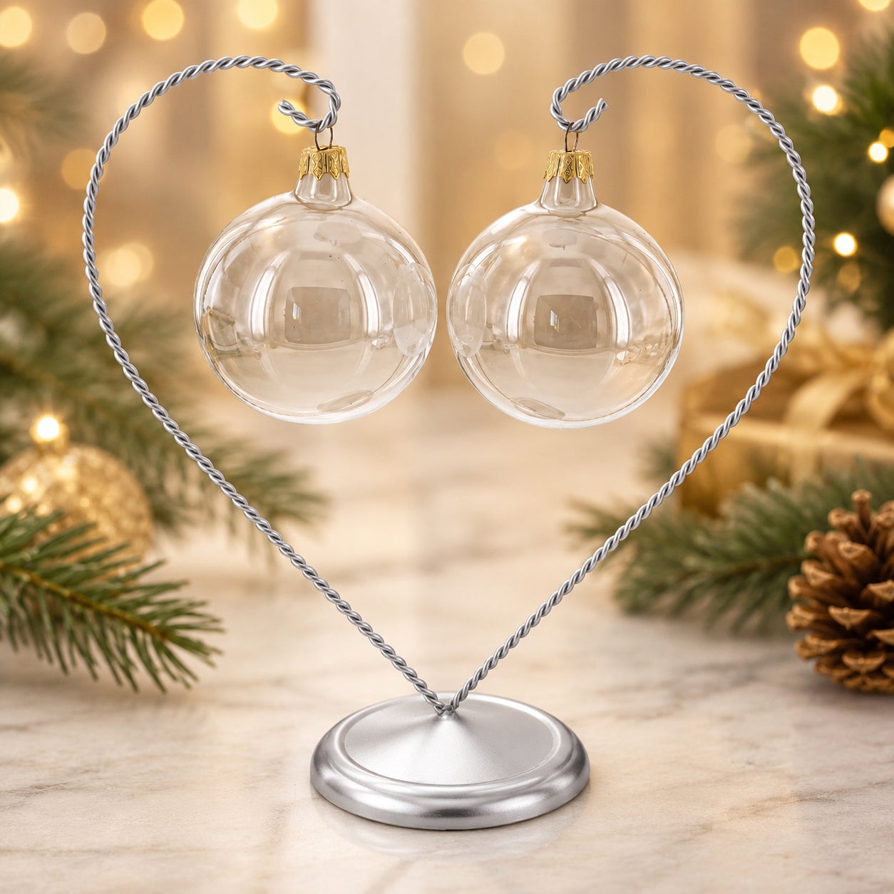 Open-Top Heart Twisted Silver Metal Ornament Display Stand 9 Inches (Poland)