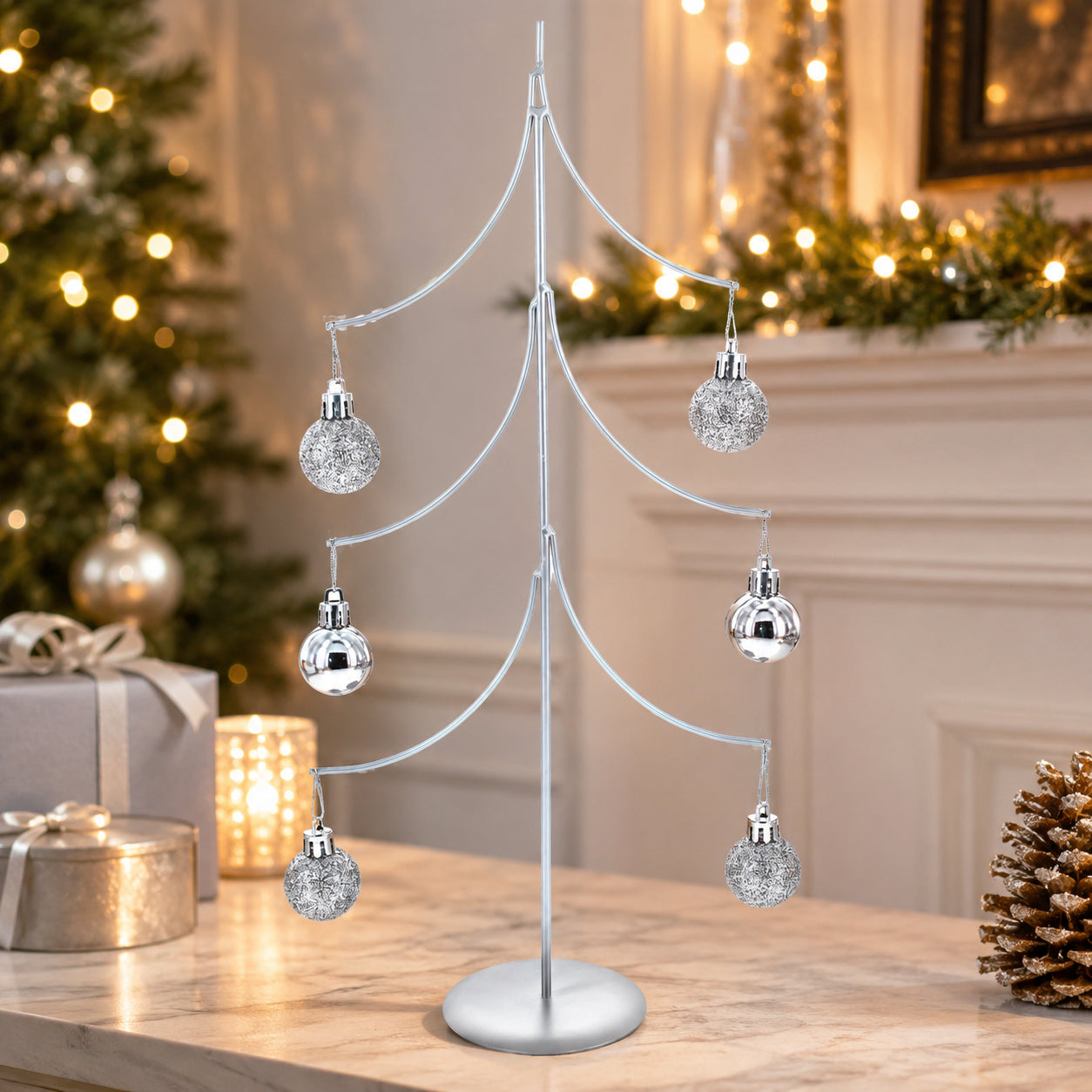 6-Arm Tiered Tree Silver Metal Ornament Display Stand 14 Inches (Poland)