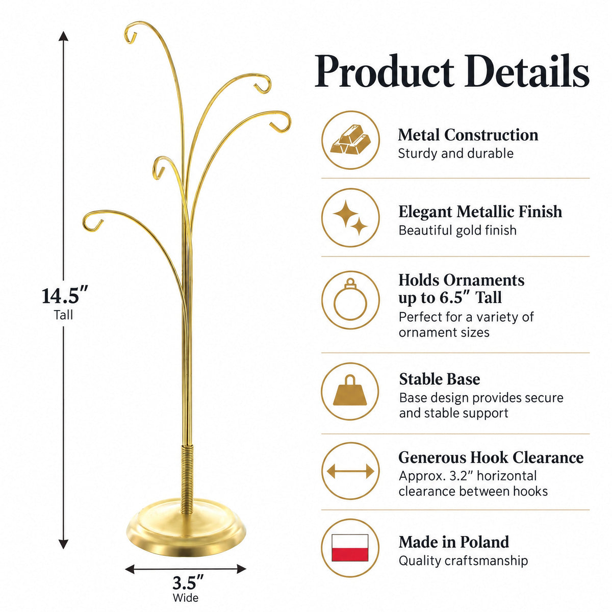 5-Arm Scroll Tree Branches Gold Metal Ornament Display Stand 14.5 Inches (Poland)