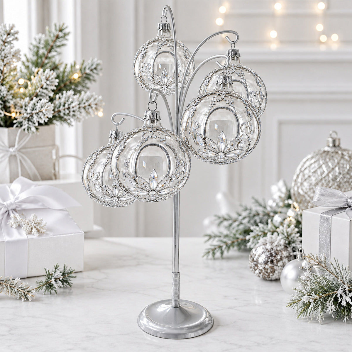5-Arm Scroll Tree Branches Silver Metal Ornament Display Stand 14.5 Inches (Poland)