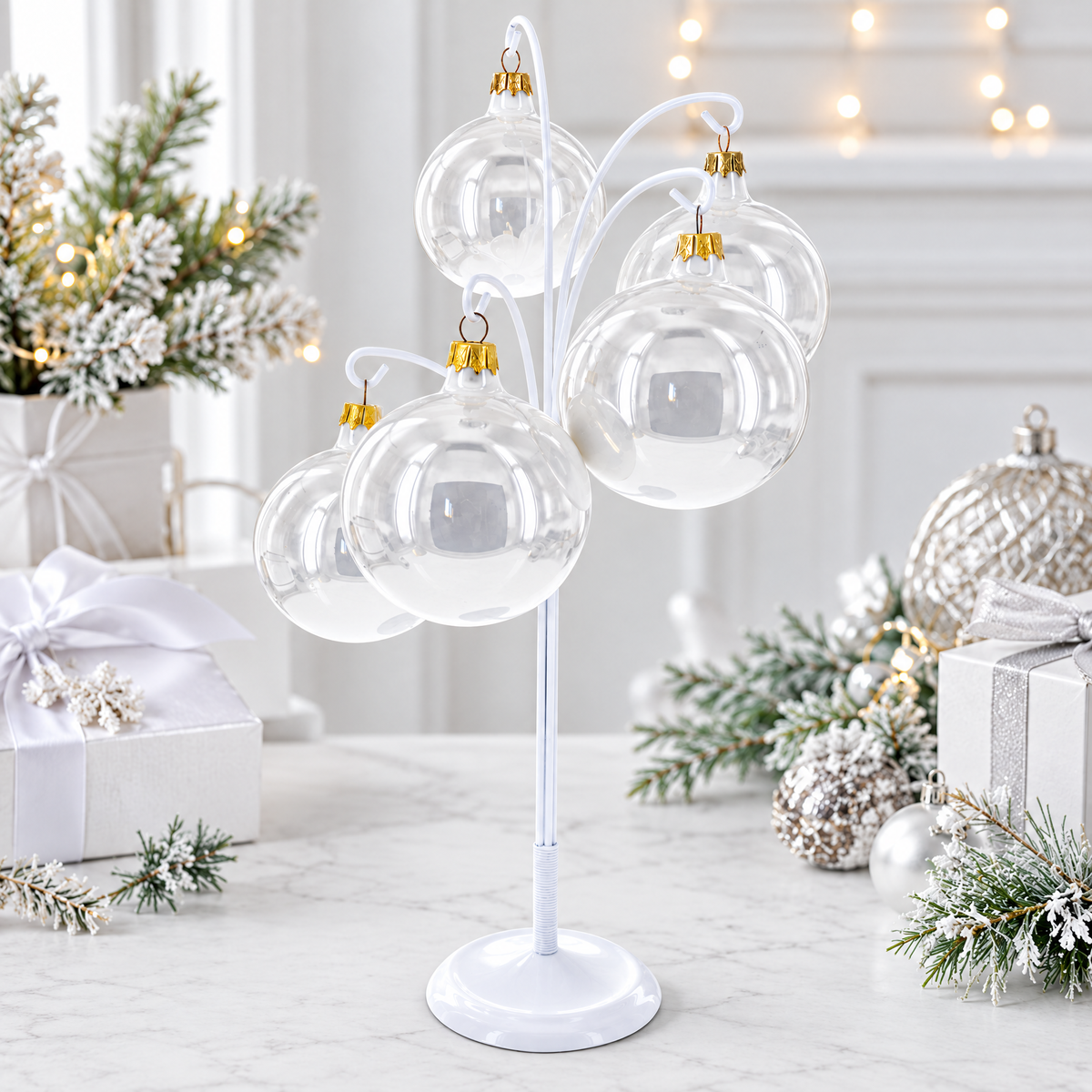 5-Arm Scroll Tree Branches White Painted Metal Ornament Display Stand 14.5 Inches (Poland)