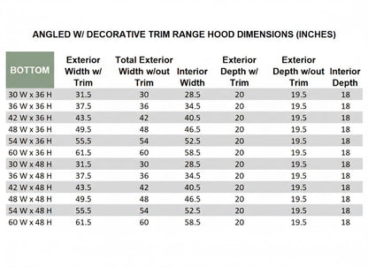 Wood Range Hood With Angled Front and Decorative Trim - 30", 36", 42", 48", 54" and 60" Widths Available