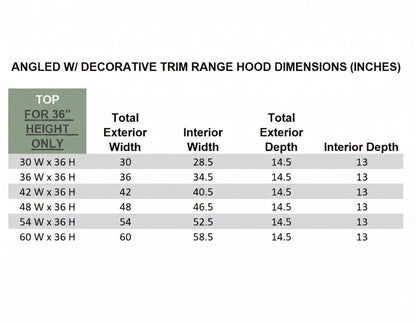 Wood Range Hood With Angled Front and Decorative Trim - 30", 36", 42", 48", 54" and 60" Widths Available