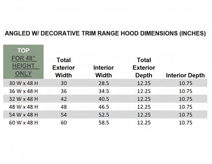 Wood Range Hood With Angled Front and Decorative Trim - 30", 36", 42", 48", 54" and 60" Widths Available