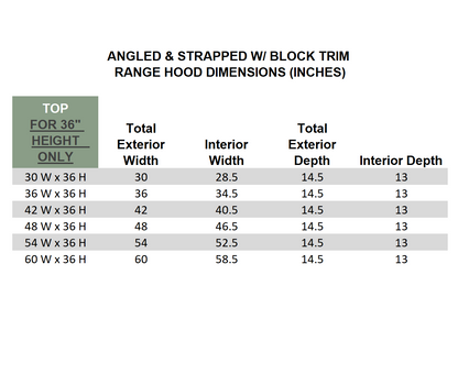 Wood Range Hood With Angled Strapped Front and Block Trim - 30", 36", 42", 48", 54" and 60" Widths Available