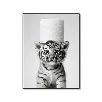 Modern tiger cub toilet paper art framed bathroom wall decor