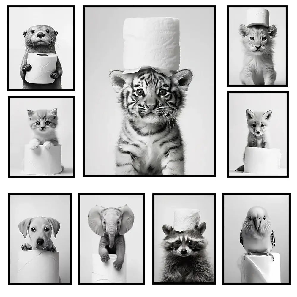 Modern tiger cub toilet paper art framed bathroom wall decor