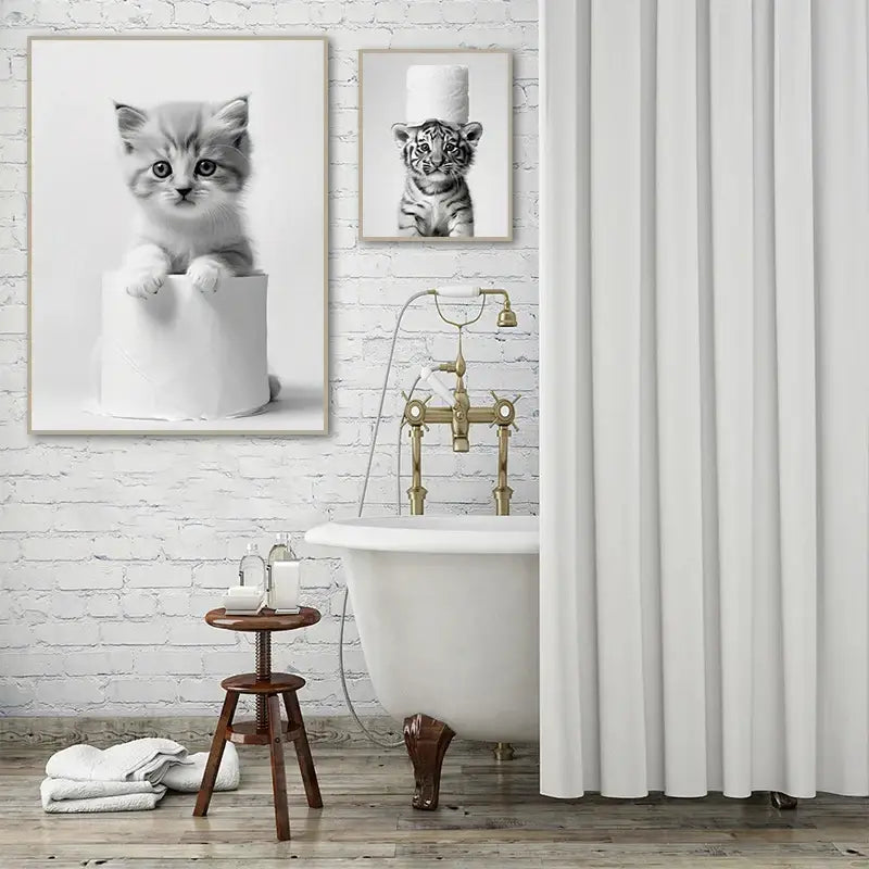 Modern tiger cub toilet paper art framed bathroom wall decor