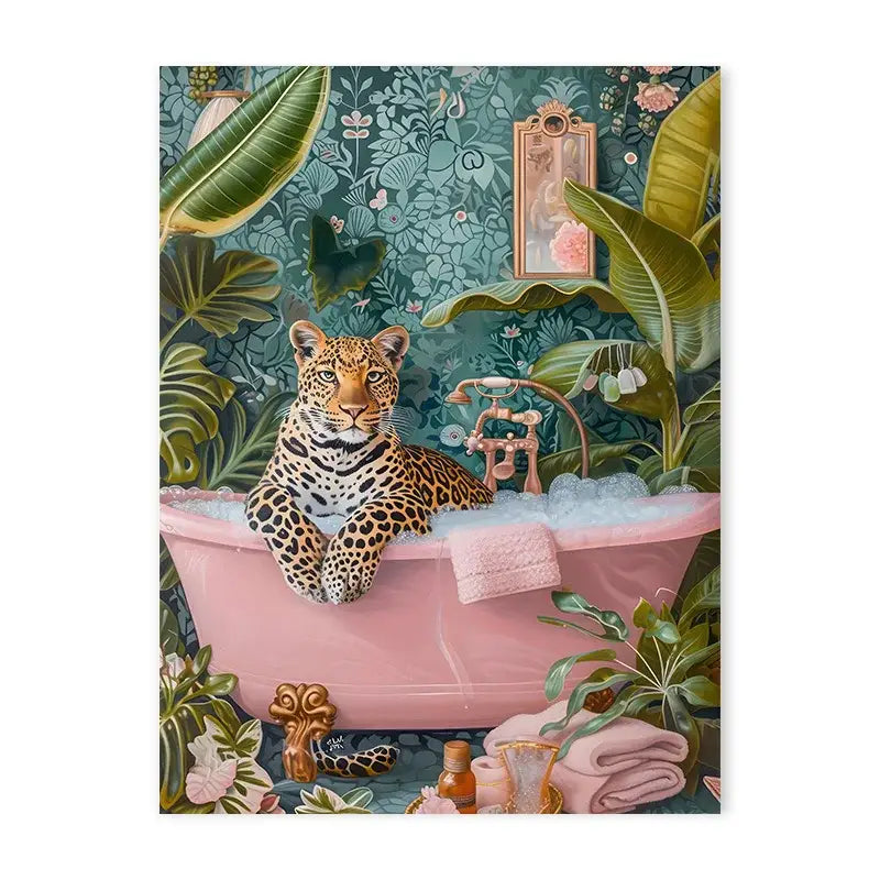 Vibrant pink & peach leopard animal canvas wall art bathroom decor