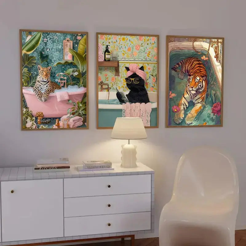 Vibrant tiger in pink bathtub animal canvas wall art bedroom decor