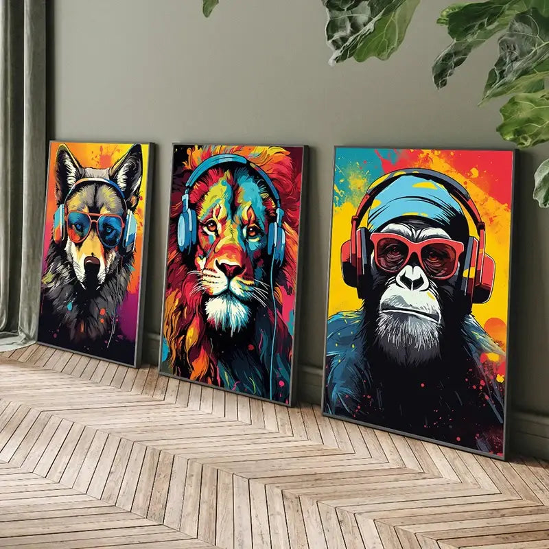Pop art animal headphones gaming posters bedroom canvas wall art