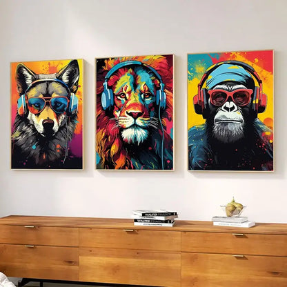 Pop art animal headphones gaming posters bedroom canvas wall art