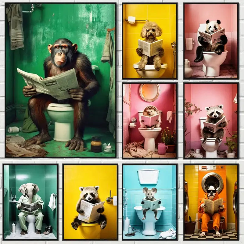 Humorous framed animal posters set bathroom wall decor