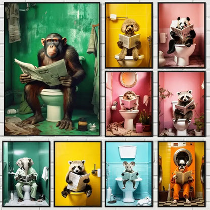 Humorous framed animal posters set bathroom wall decor