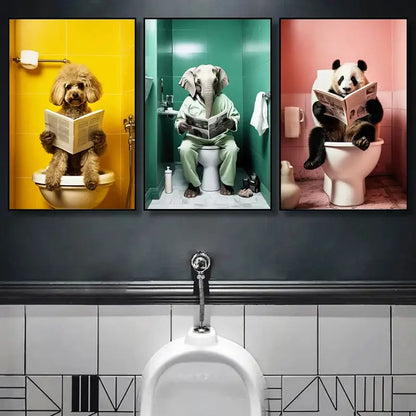 Humorous framed animal posters set bathroom wall decor