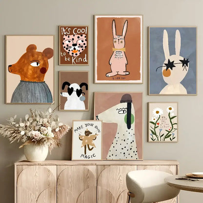 Whimsical pastel animal print rainbow framed posters nursery wall art