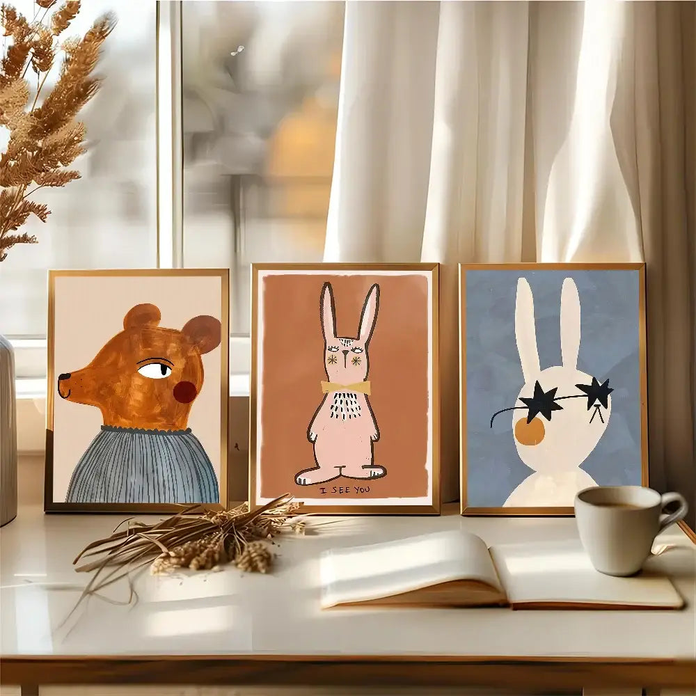 Whimsical pastel animal print rainbow framed posters nursery wall art