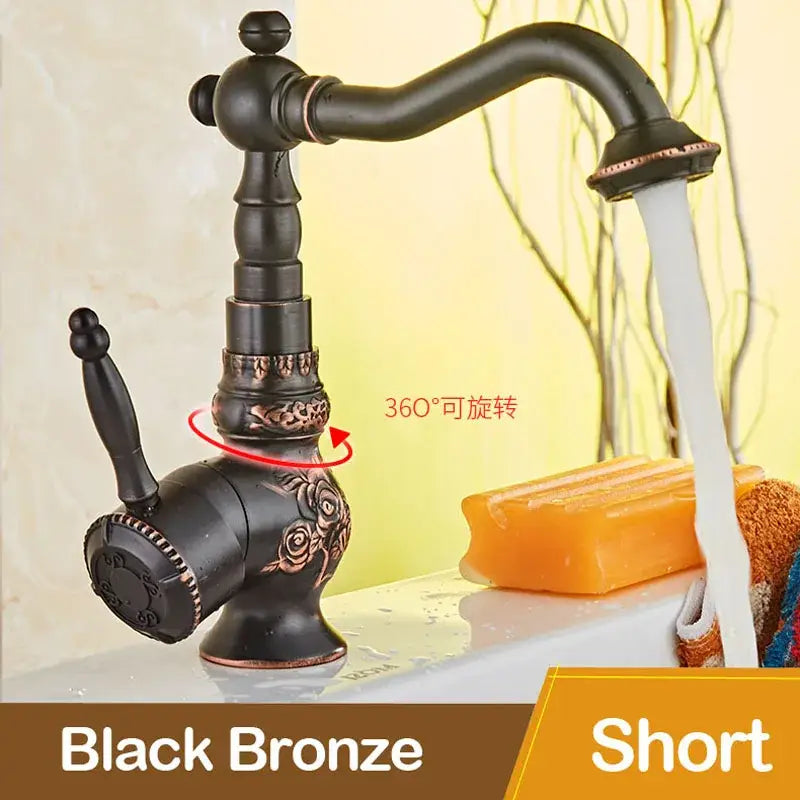 Antique black flower carved basin mixer tap bathroom swivel spout