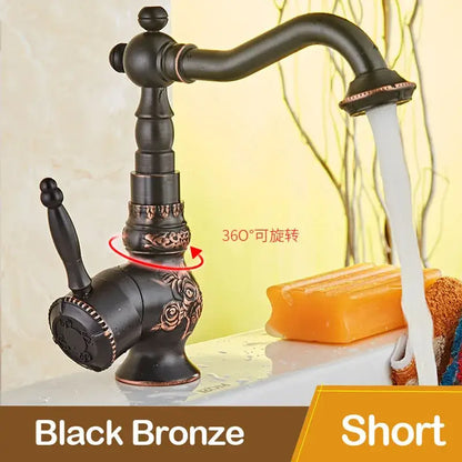 Antique black flower carved basin mixer tap bathroom swivel spout