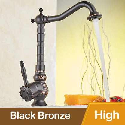 Antique black flower carved basin mixer tap bathroom swivel spout