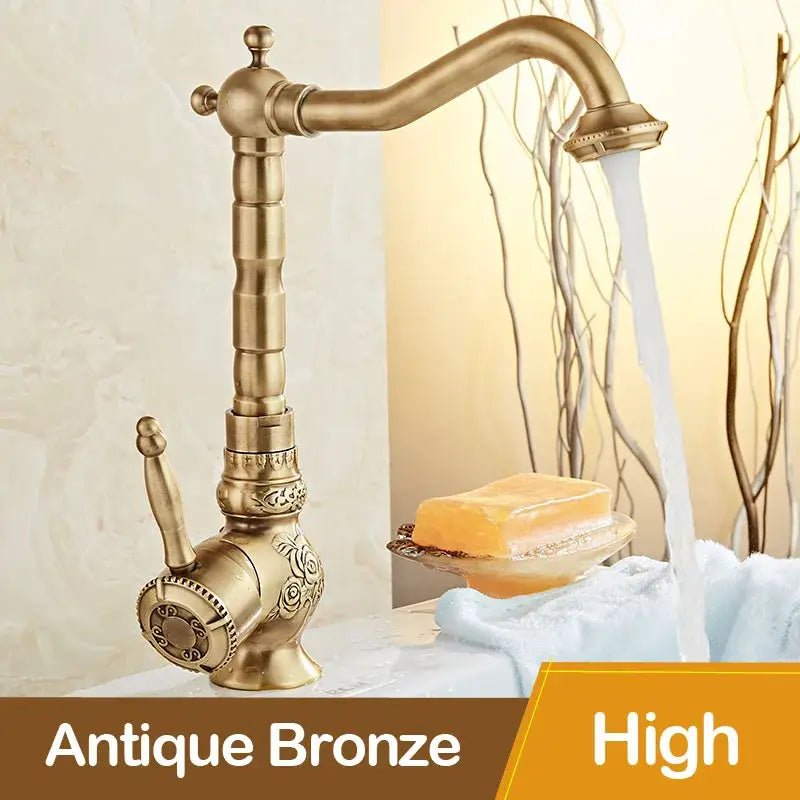Antique black flower carved basin mixer tap bathroom swivel spout