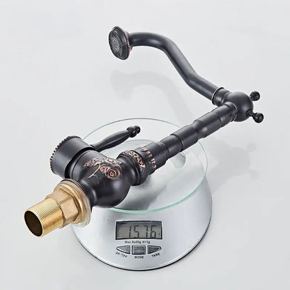 Antique black flower carved basin mixer tap bathroom swivel spout