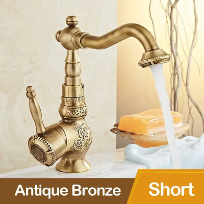 Antique black flower carved basin mixer tap bathroom swivel spout