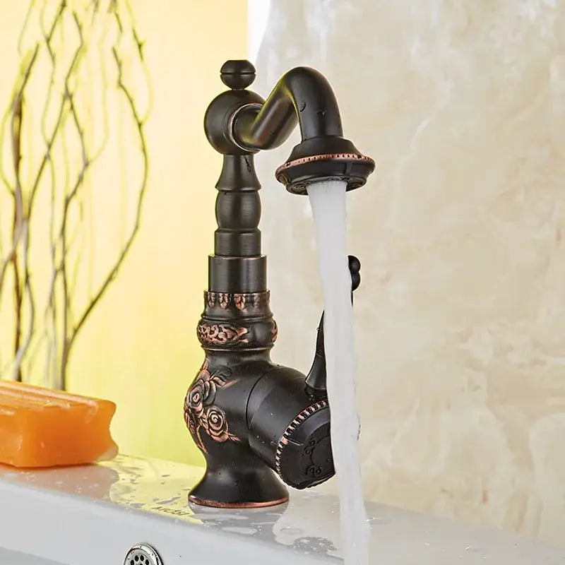 Antique black flower carved basin mixer tap bathroom swivel spout