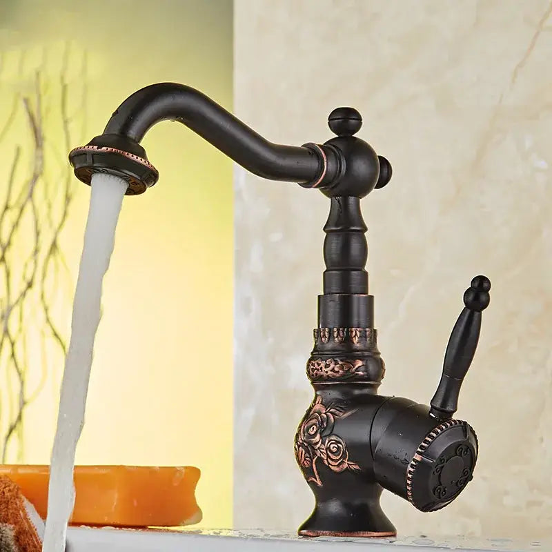 Antique black flower carved basin mixer tap bathroom swivel spout
